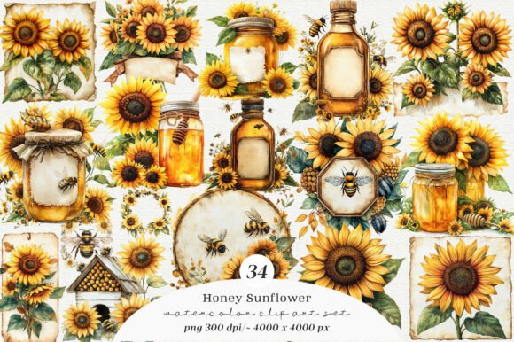 Download Vintage Bee Honey Sunflower Label PNG - Bee Collection