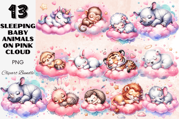 Download Sleeping Baby Animals on Pink Clouds Set - Animal Collection